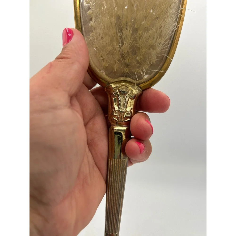Vintage Gold Tone Floral Hair Brush Hollywood Regency Vanity‎ Decor Rose Bouquet
